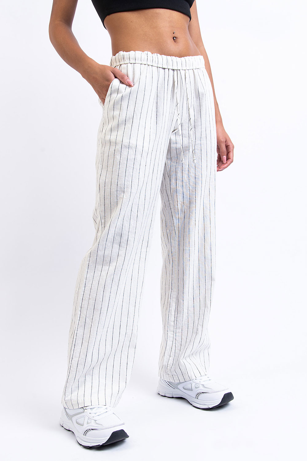 Mila 01Mid Straight Linen Pants - White Striped