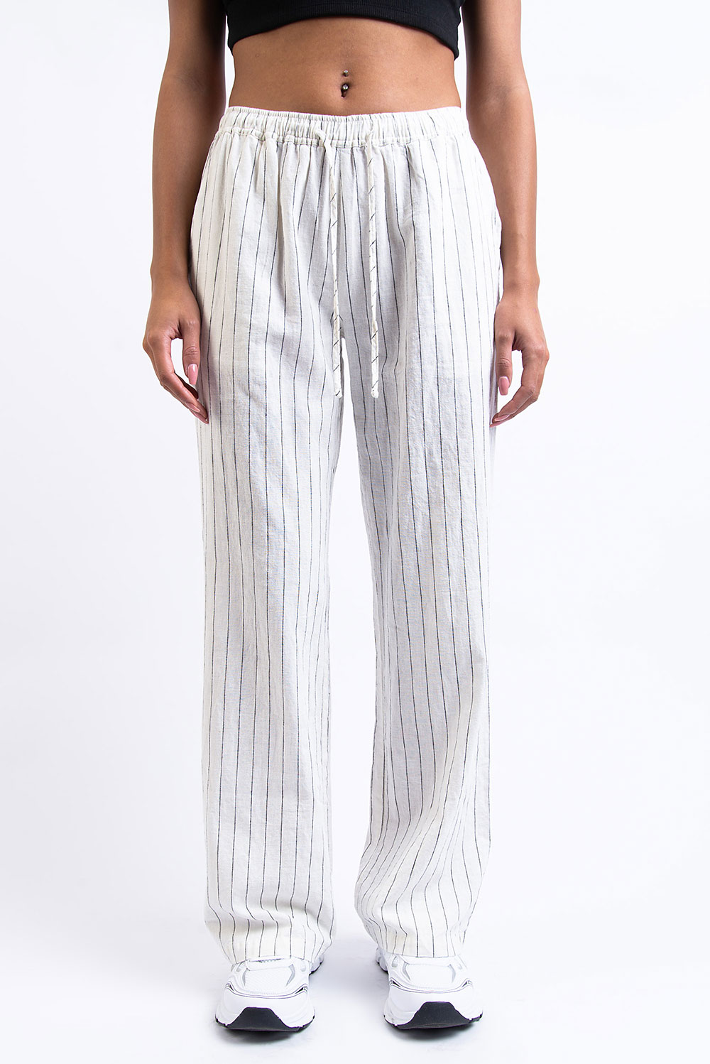 Mila 01Mid Straight Linen Pants - White Striped