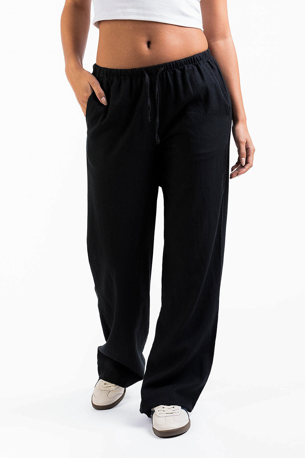 Mel 04Low Straight Linen Pants - Black